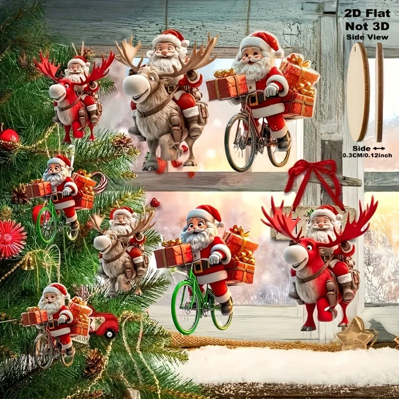 Christmas Wooden Santa Ornaments – 8/16/24pcs 2D Flat Bicycle Pendant Tree Decorations & Holiday Gift Set