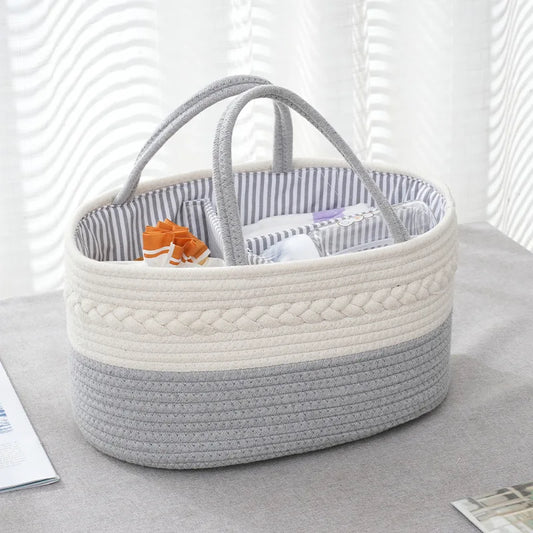 Multifunctional Cotton Nappy Caddy Storage Basket with Handles - Beige, Grey & Brown