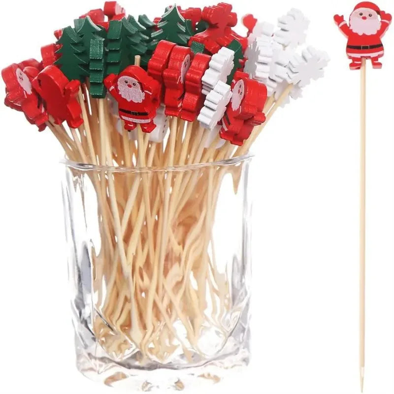 50pcs Christmas Fruit & Dessert Sticks – Bamboo Party Picks with Snowflake, Tree, Elk, Santa & Snowman Designs