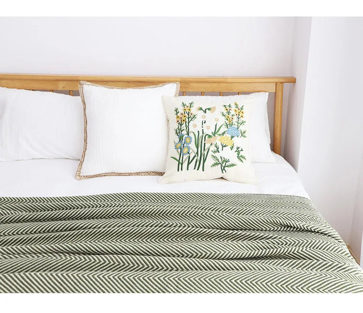 Traditional Luxury Geometric Knitted Blanket Throw With Tassels - Green, Beige & Yellow