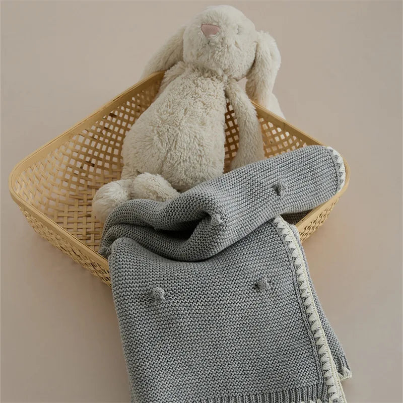 Knitted Cotton Swaddle Blanket for Baby with Knot Detail - Ivory, Beige, Pink, Grey & Baby Blue