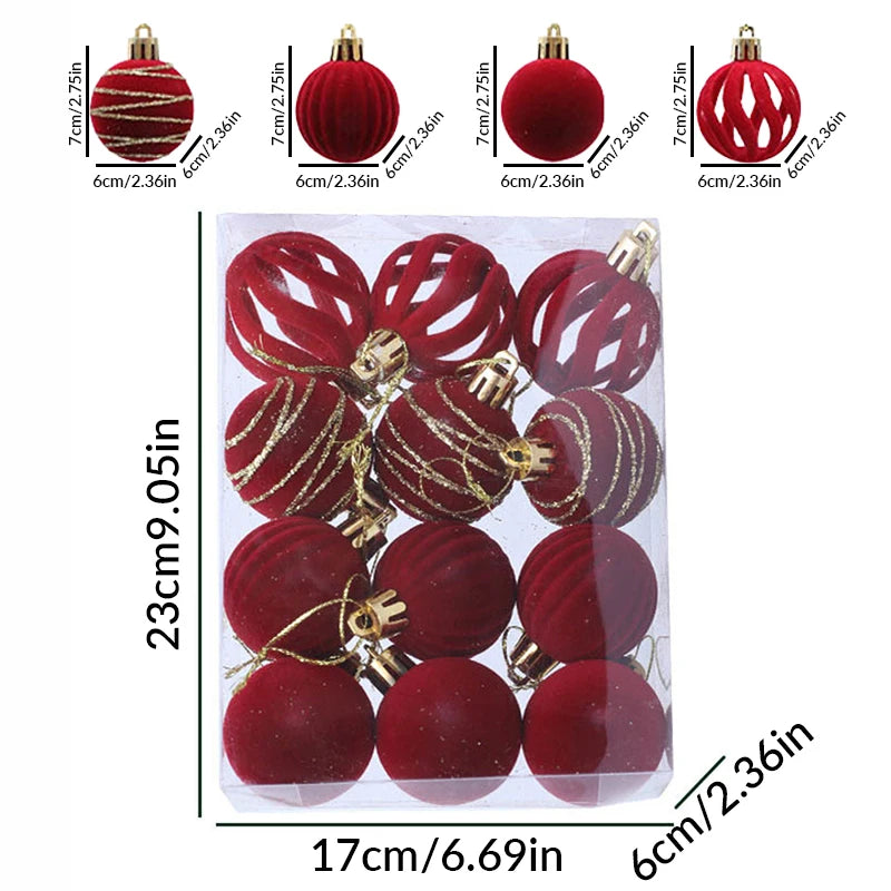 Velvet Christmas Tree Ornaments – 6/12pcs 6cm Flocked Ball Set, Shatterproof Holiday Decorations for Home & Party