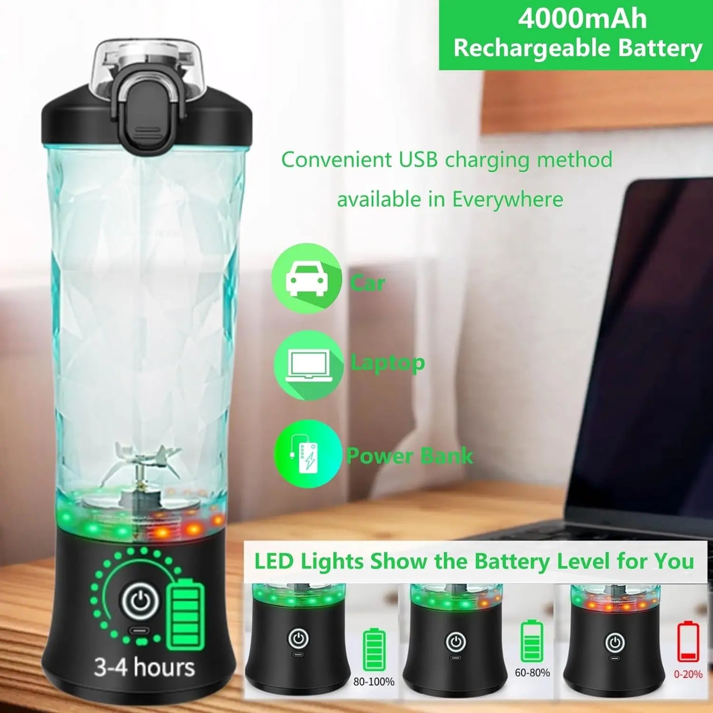 Portable Cordless Blender – 18oz Rechargeable Smoothie Maker with Leakproof Lid