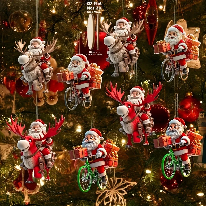 Christmas Wooden Santa Ornaments – 8/16/24pcs 2D Flat Bicycle Pendant Tree Decorations & Holiday Gift Set