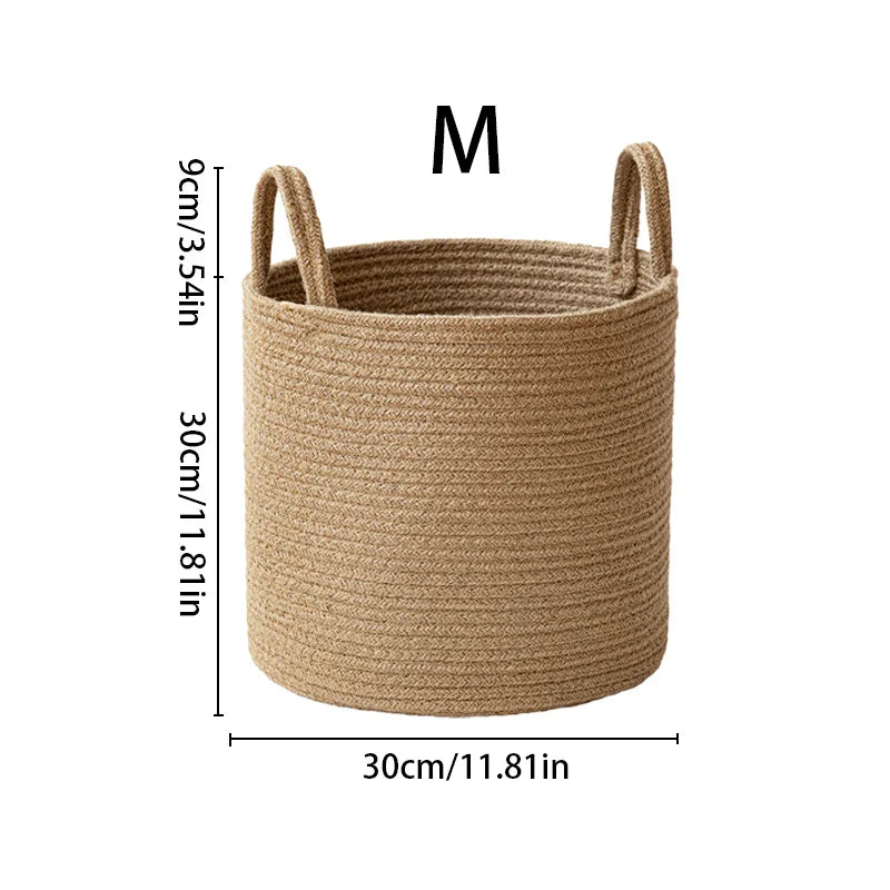 Handmade Round Woven Cotton Rope Foldable Basket with Handles - Beige & White