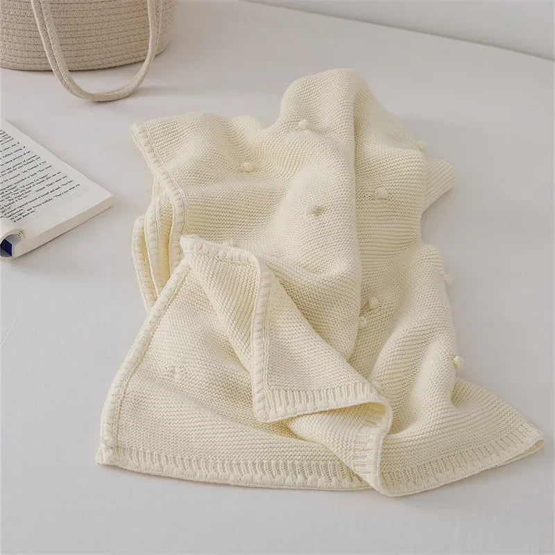 Knitted Cotton Swaddle Blanket for Baby with Knot Detail - Ivory, Beige, Pink, Grey & Baby Blue
