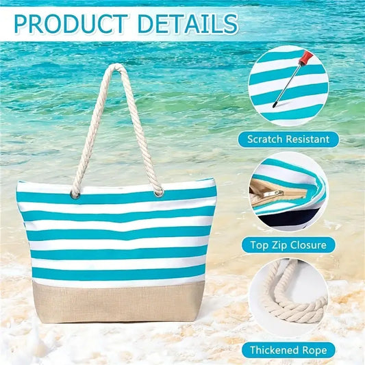 Summer Canvas Striped Tote Bag – Large Beach Shoulder Bag with Zipper for Travel & Swimming