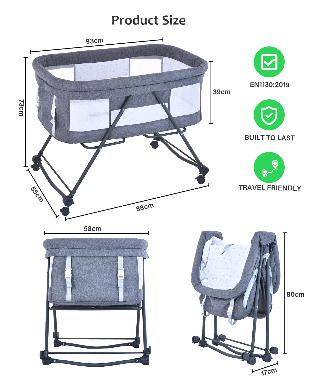 UBRAVOO Baby Travel Cot with Mattress – Convertible Rocking Crib with Silent Wheels