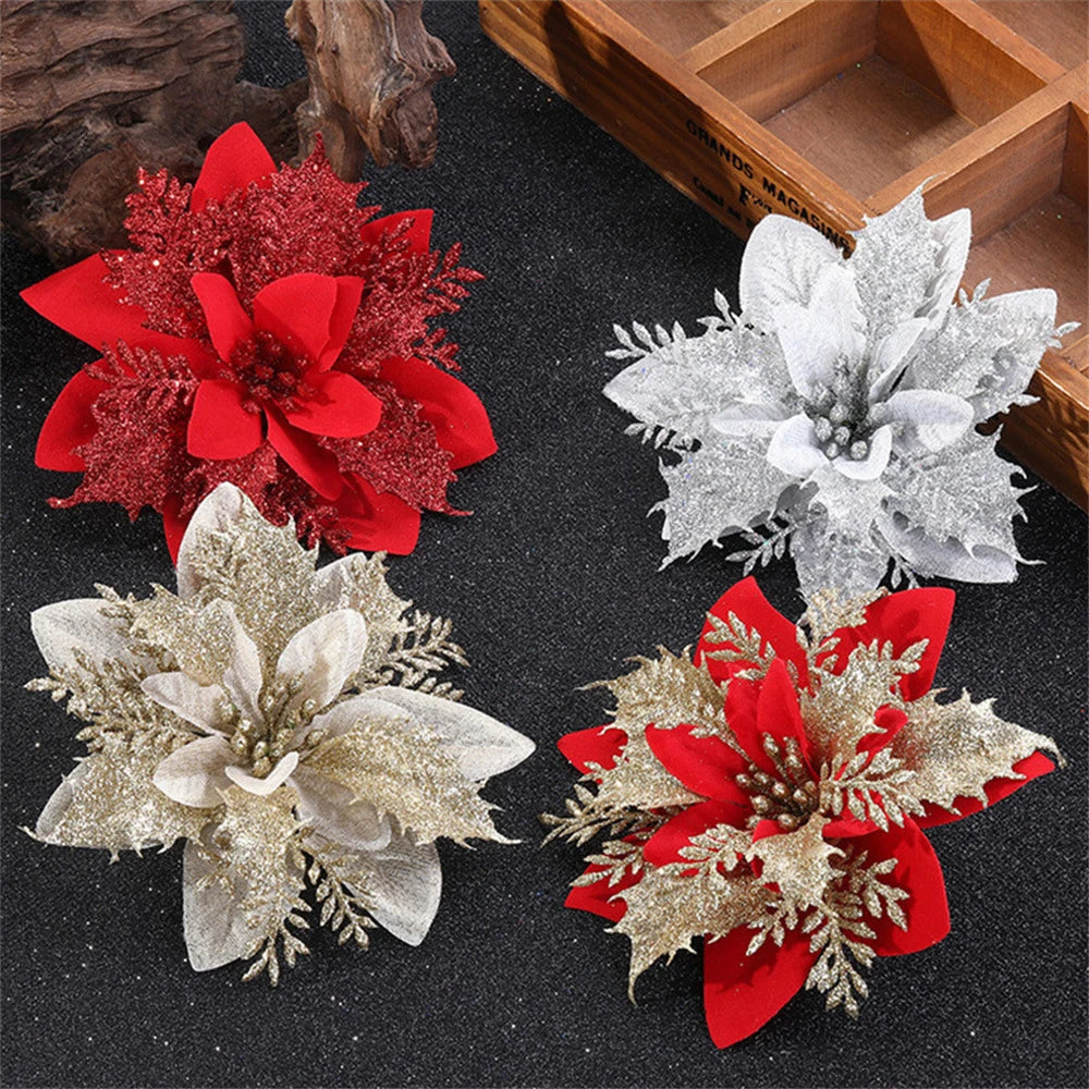 5/10pcs Glitter Poinsettia Christmas Flowers – Red, Pink & Gold Artificial Tree Ornaments for Holiday Home Décor