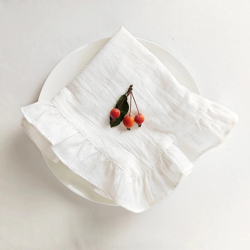 Set of 4 Flounced Cotton Ruffle Napkins & Placemats - White, Grey & Beige