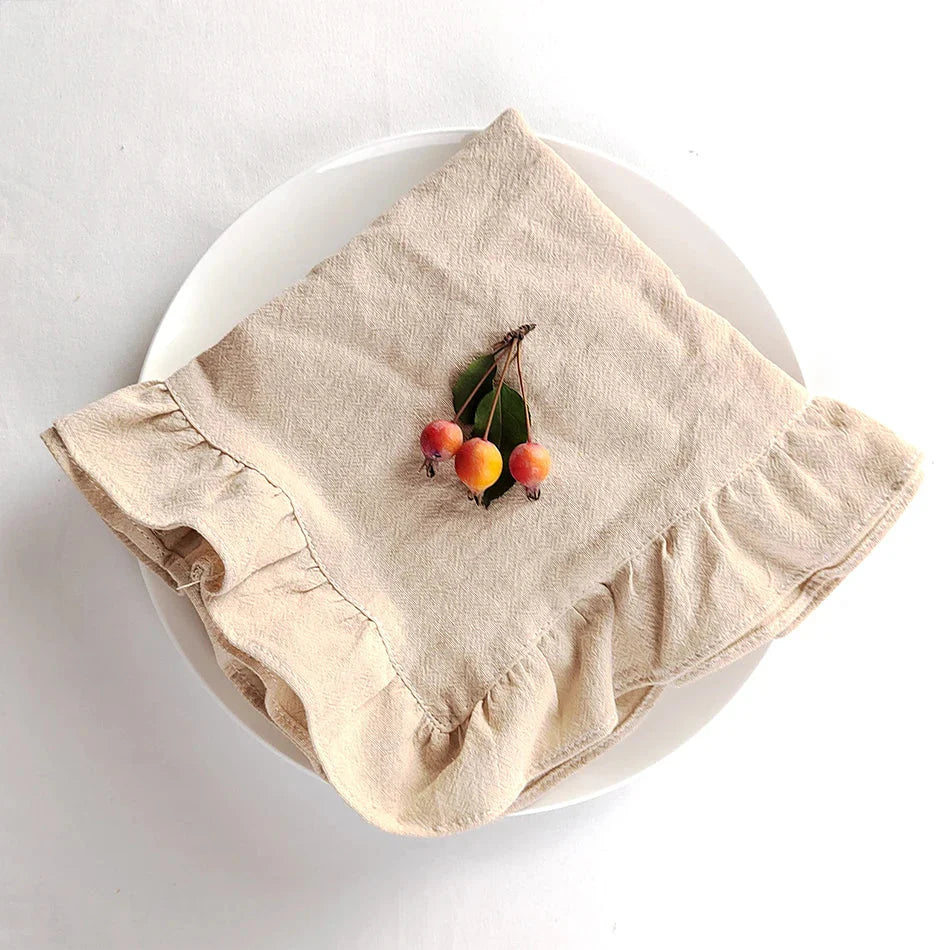 Set of 4 Flounced Cotton Ruffle Napkins & Placemats - White, Grey & Beige