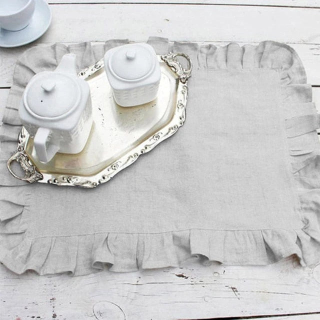 Set of 4 Flounced Cotton Ruffle Napkins & Placemats - White, Grey & Beige