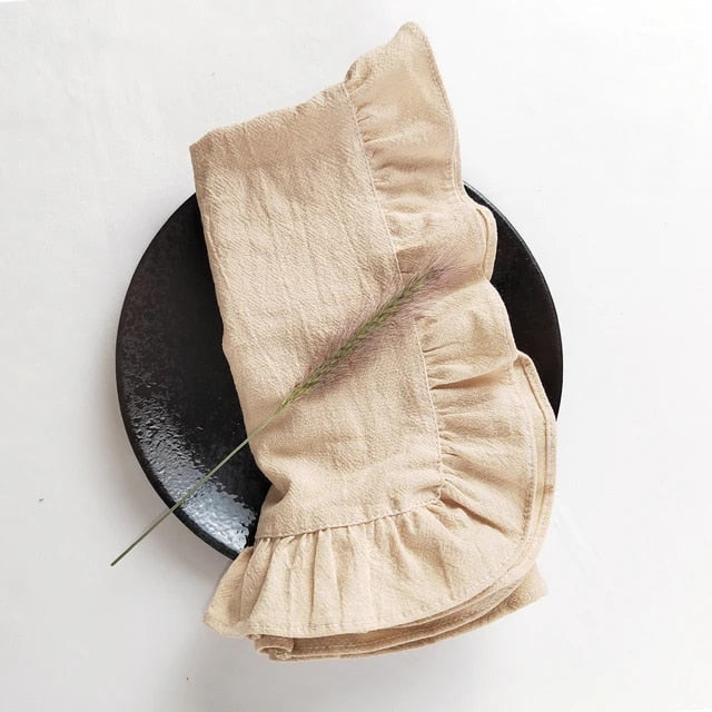 Set of 4 Flounced Cotton Ruffle Napkins & Placemats - White, Grey & Beige