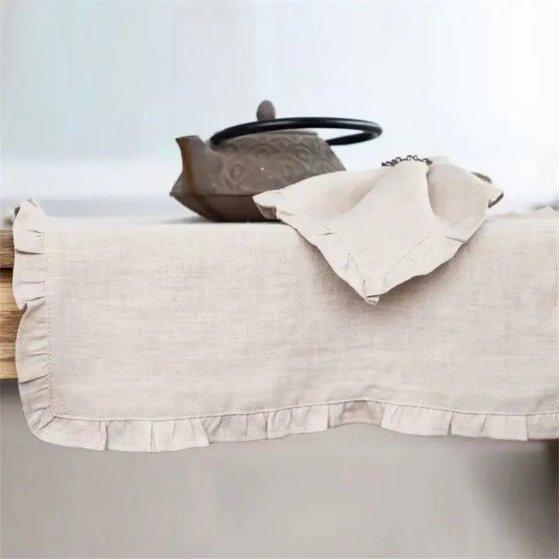 Set of 4 Flounced Cotton Ruffle Napkins & Placemats - White, Grey & Beige