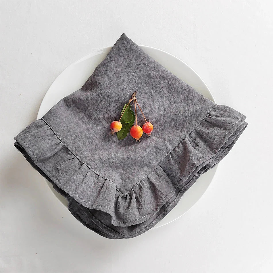 Set of 4 Flounced Cotton Ruffle Napkins & Placemats - White, Grey & Beige
