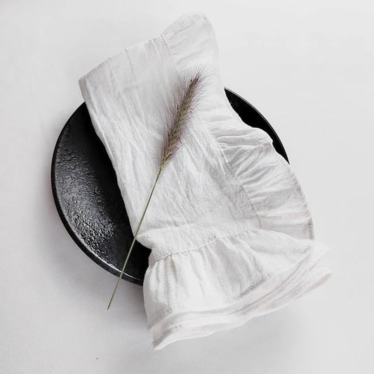 Set of 4 Flounced Cotton Ruffle Napkins & Placemats - White, Grey & Beige