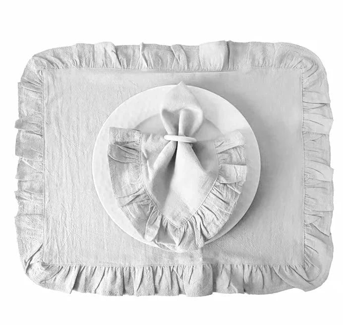 Set of 4 Flounced Cotton Ruffle Napkins & Placemats - White, Grey & Beige