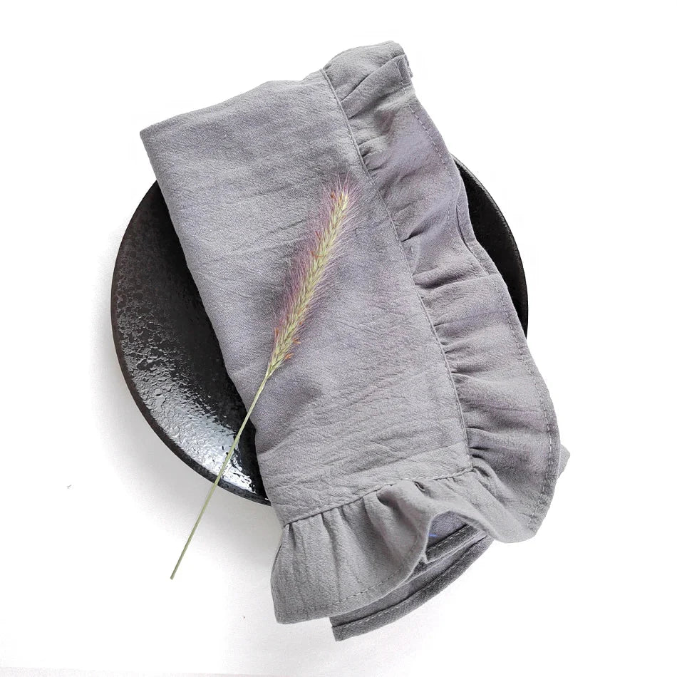 Set of 4 Flounced Cotton Ruffle Napkins & Placemats - White, Grey & Beige