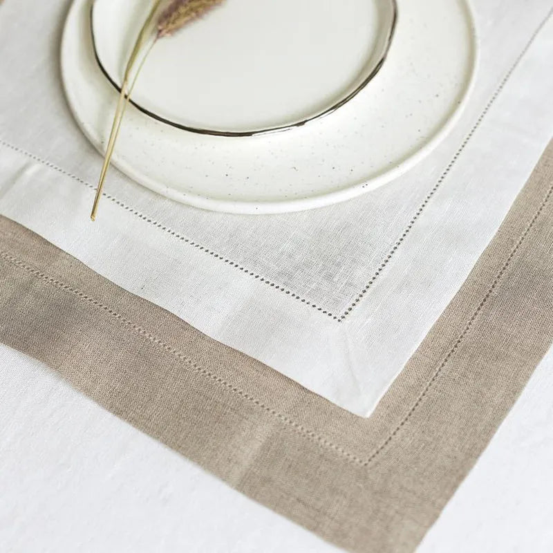 Set of 6 Hemstitch Cotton & Linen Napkins & Table Placemats - White & Khaki