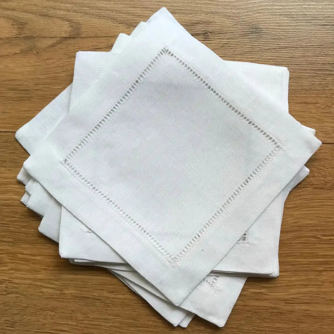Set of 6 Hemstitch Cotton & Linen Napkins & Table Placemats - White & Khaki