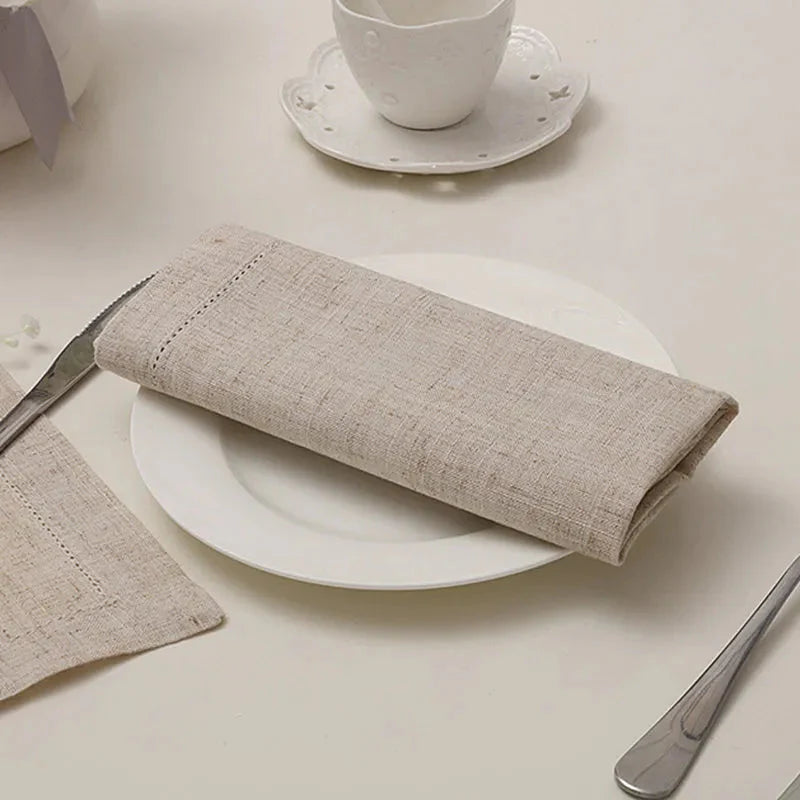 Set of 6 Hemstitch Cotton & Linen Napkins & Table Placemats - White & Khaki