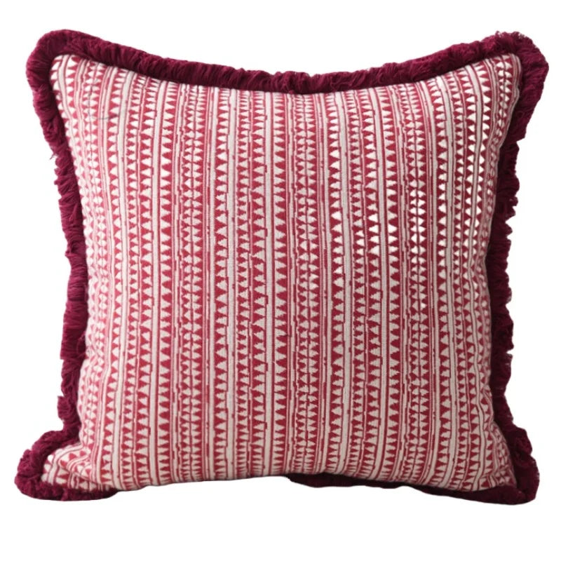 Luxurious Textured Burgundy Geometric Cushion Cover with Plush Frill Detail - 3 Sizes