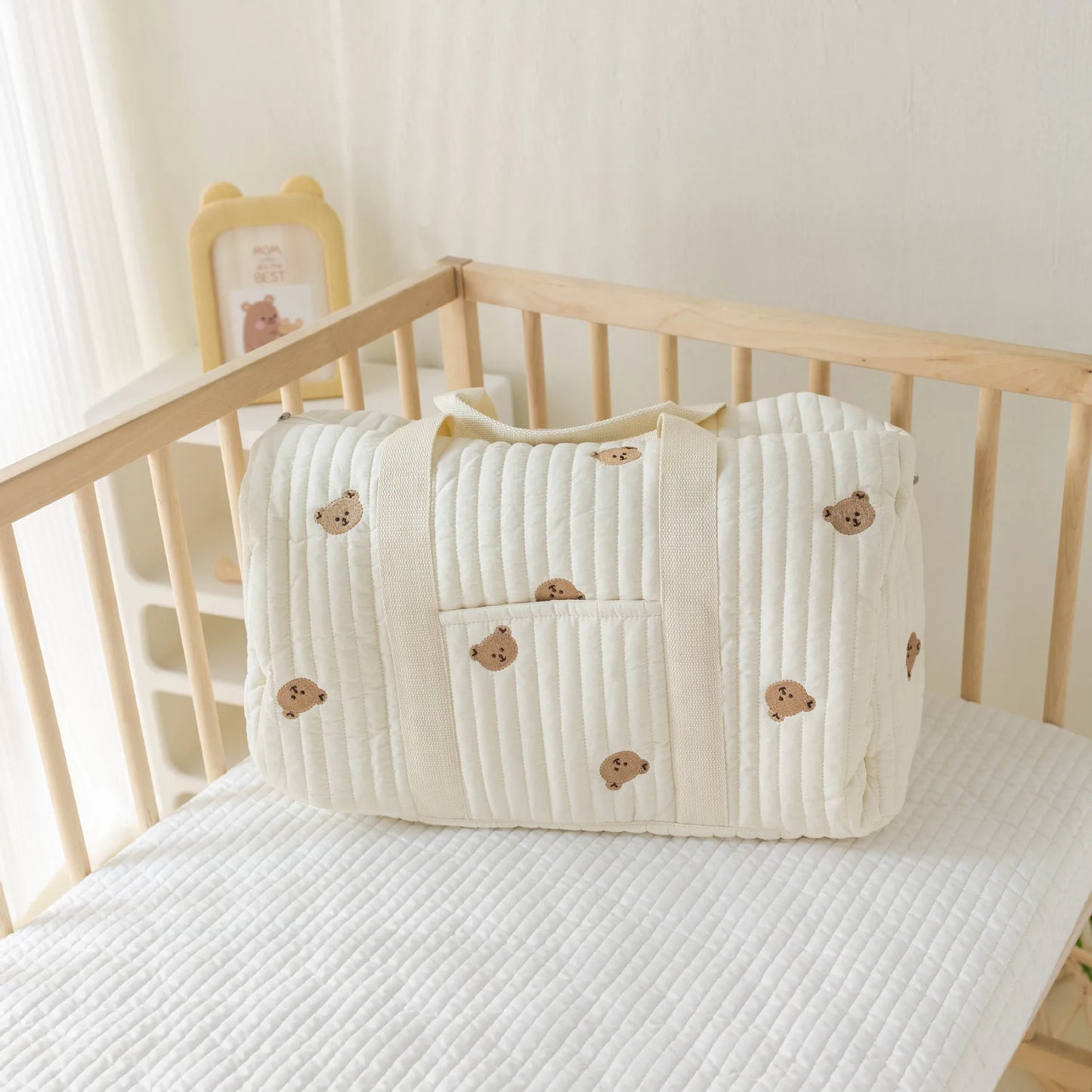Large White Embroidery Baby Nappy Changing Washbag with Shoulder Strap - Bear