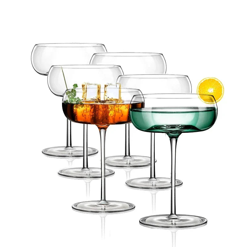 Set of 6 Handmade Crystal Long Stem Coupe Cocktail Martini Glasses