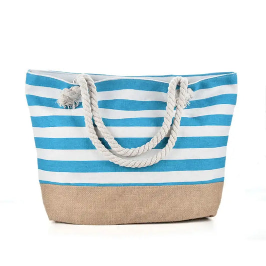 Summer Canvas Striped Tote Bag – Large Beach Shoulder Bag with Zipper for Travel & Swimming