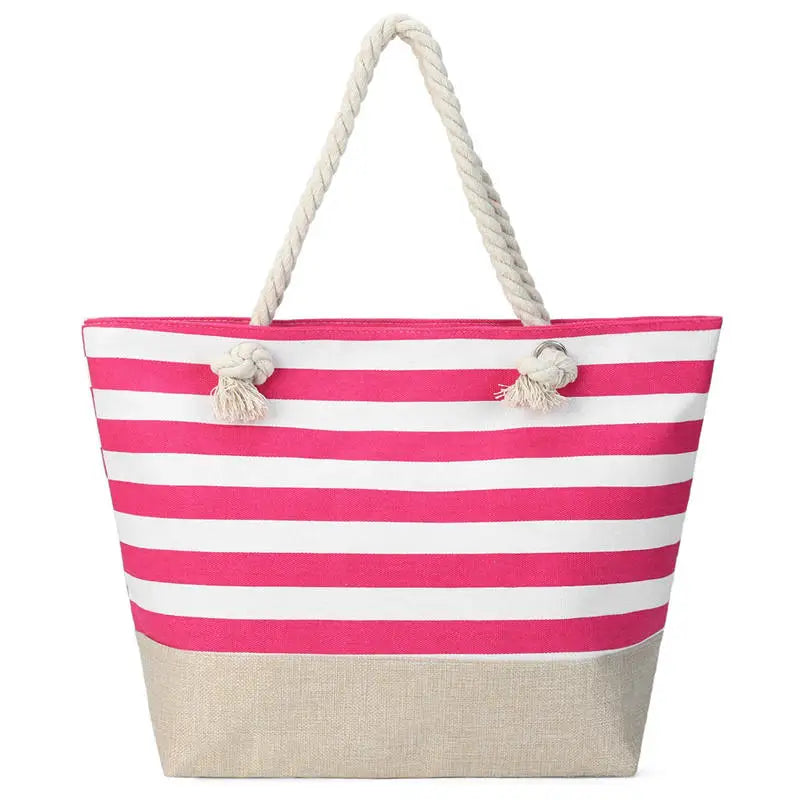 Summer Canvas Striped Tote Bag – Large Beach Shoulder Bag with Zipper for Travel & Swimming