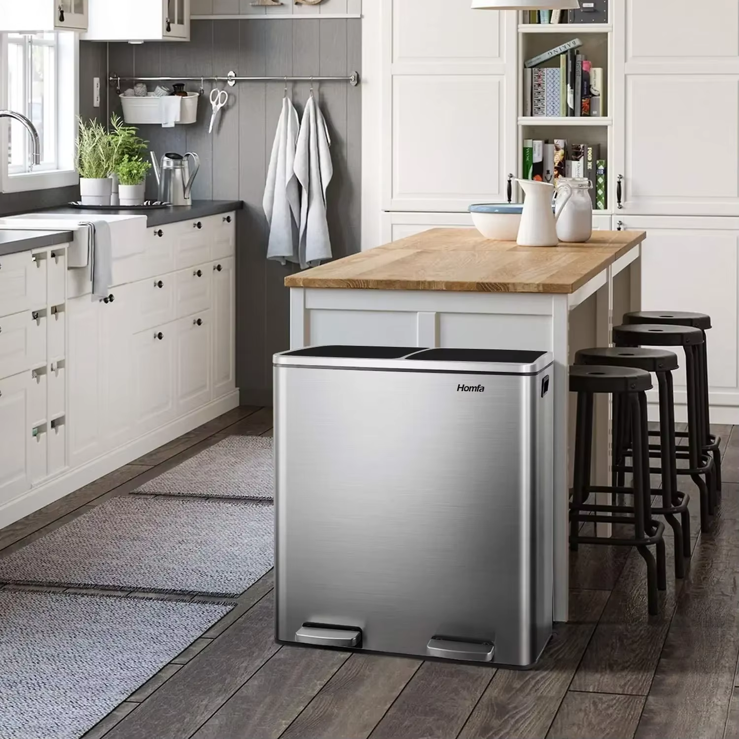Sleek Brushed Stainless Steel 60L Dual Compartment Hands-Free Recycling Trash Can with Soft-Close Lid - Perfect for Your Kitchen!