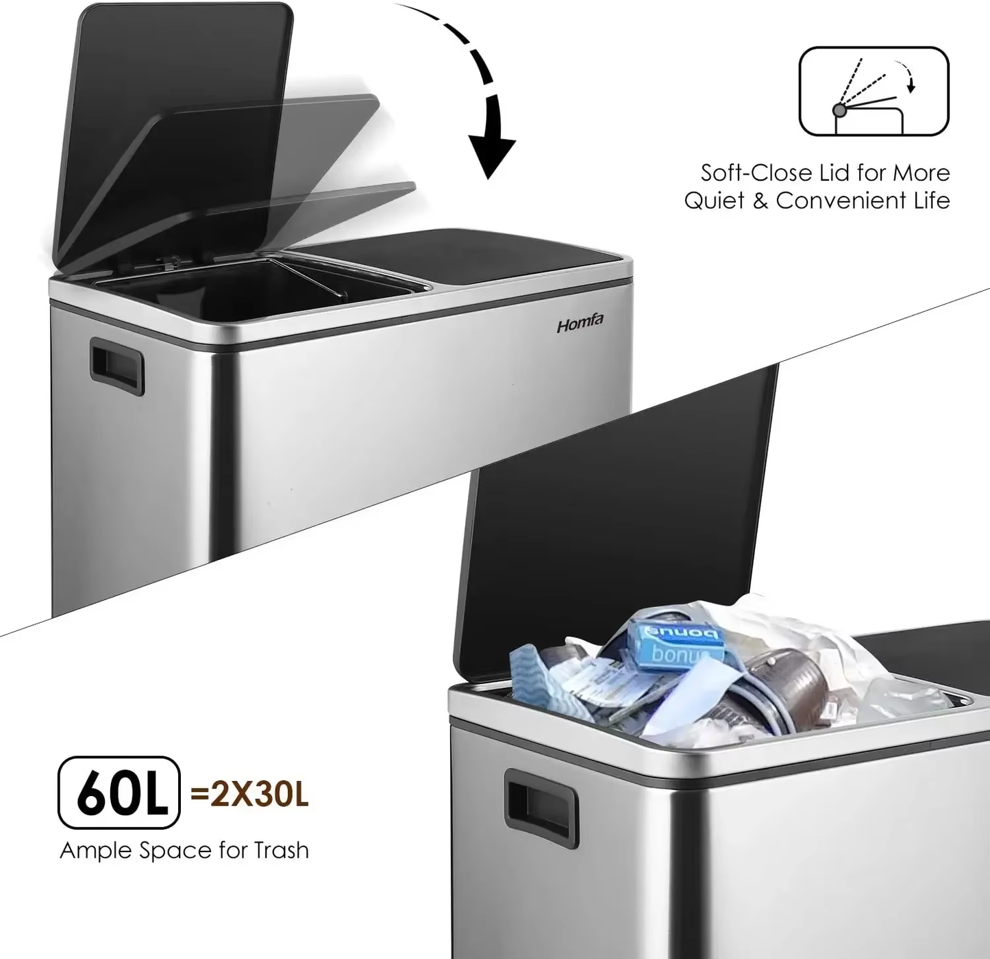 Sleek Brushed Stainless Steel 60L Dual Compartment Hands-Free Recycling Trash Can with Soft-Close Lid - Perfect for Your Kitchen!