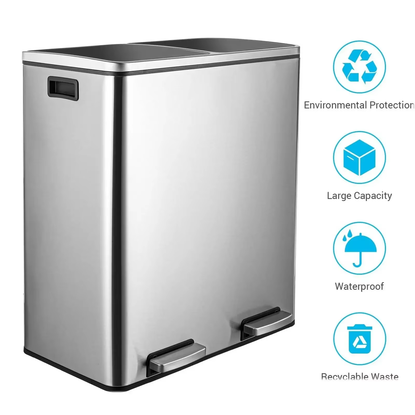 Sleek Brushed Stainless Steel 60L Dual Compartment Hands-Free Recycling Trash Can with Soft-Close Lid - Perfect for Your Kitchen!