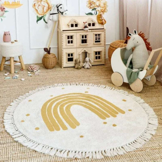 Soft White Play Mat For Children's Room with Rainbow & Tassel Detail - Yellow, Blue & Pink