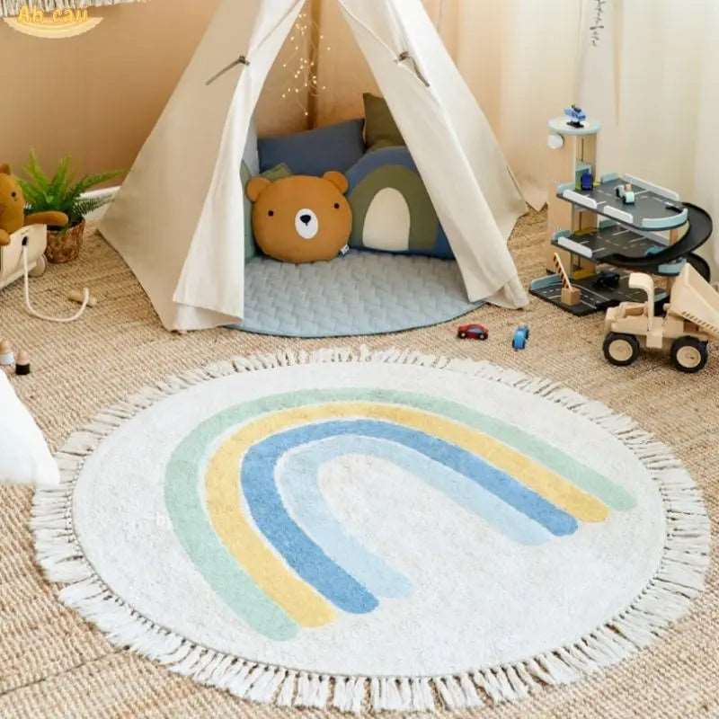 Soft White Play Mat For Children's Room with Rainbow & Tassel Detail - Yellow, Blue & Pink