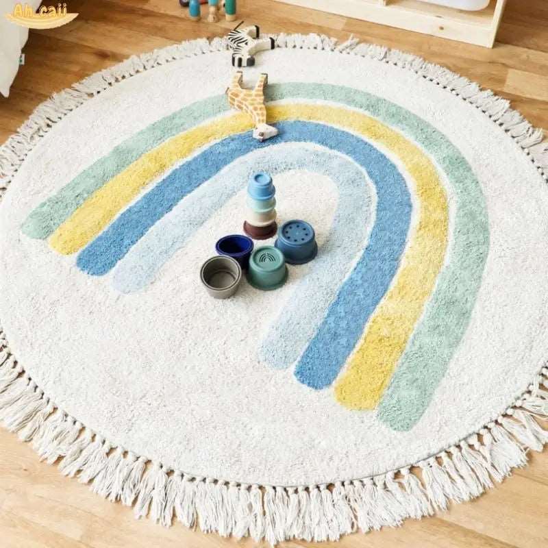 Soft White Play Mat For Children's Room with Rainbow & Tassel Detail - Yellow, Blue & Pink