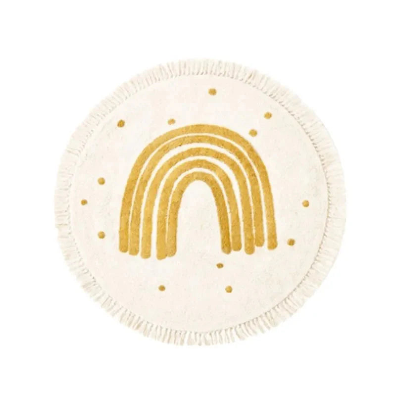 Soft White Play Mat For Children's Room with Rainbow & Tassel Detail - Yellow, Blue & Pink