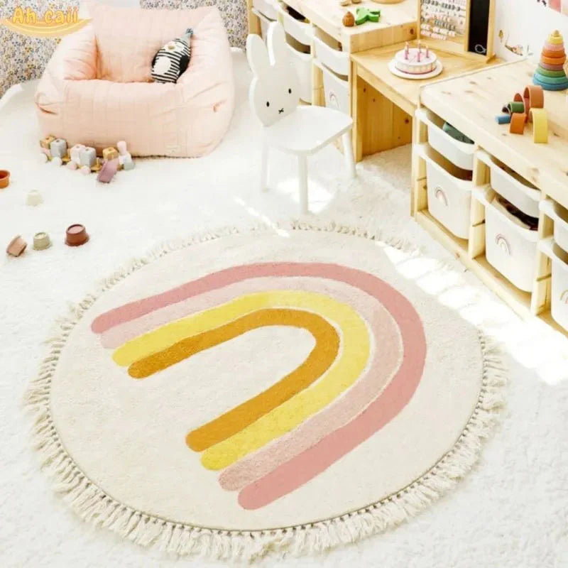 Soft White Play Mat For Children's Room with Rainbow & Tassel Detail - Yellow, Blue & Pink
