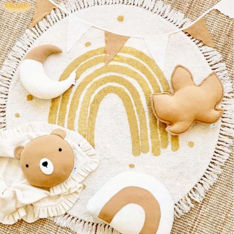Soft White Play Mat For Children's Room with Rainbow & Tassel Detail - Yellow, Blue & Pink