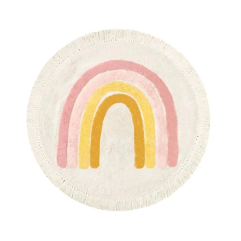 Soft White Play Mat For Children's Room with Rainbow & Tassel Detail - Yellow, Blue & Pink