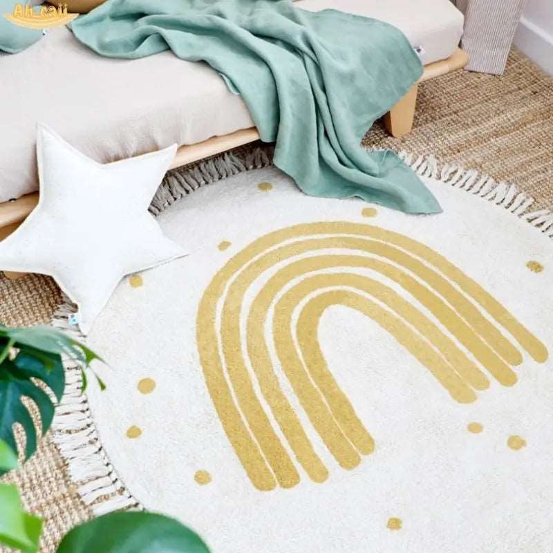 Soft White Play Mat For Children's Room with Rainbow & Tassel Detail - Yellow, Blue & Pink