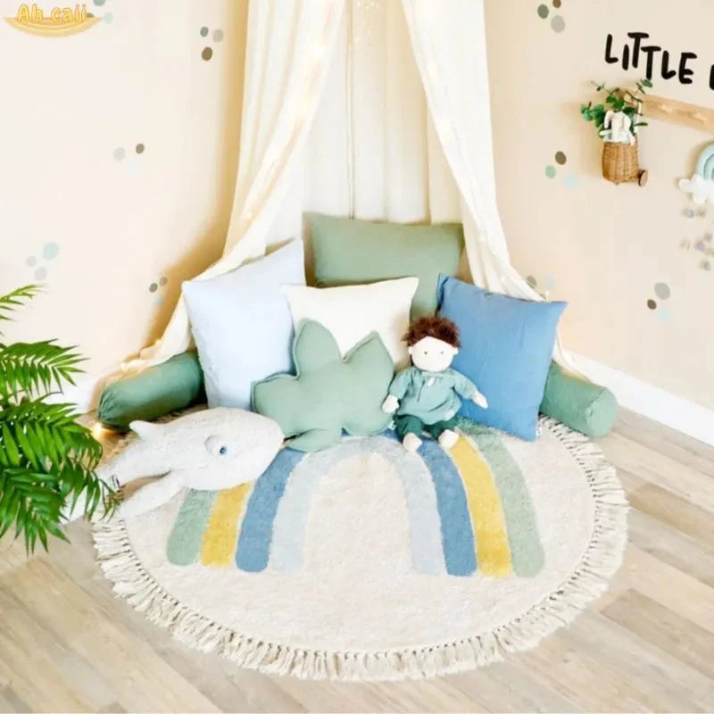 Soft White Play Mat For Children's Room with Rainbow & Tassel Detail - Yellow, Blue & Pink