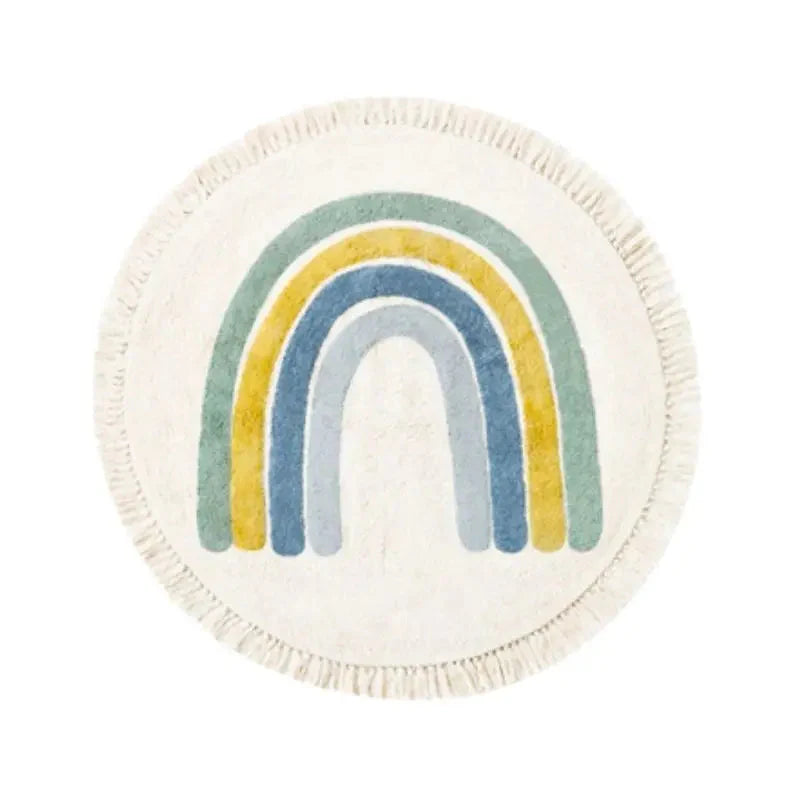 Soft White Play Mat For Children's Room with Rainbow & Tassel Detail - Yellow, Blue & Pink