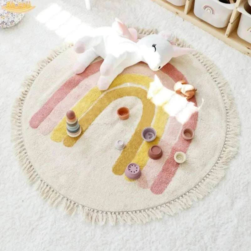 Soft White Play Mat For Children's Room with Rainbow & Tassel Detail - Yellow, Blue & Pink