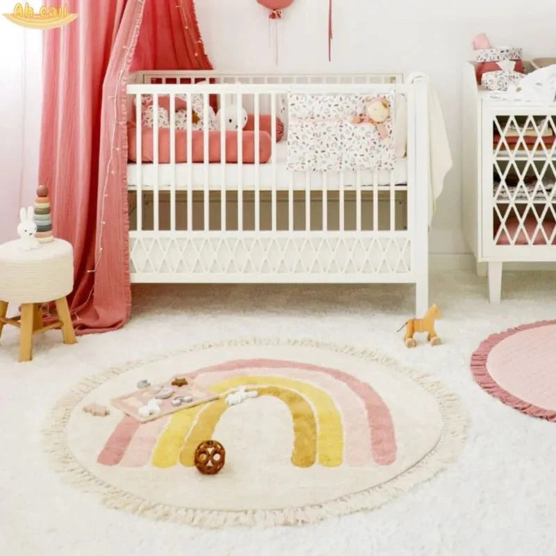 Soft White Play Mat For Children's Room with Rainbow & Tassel Detail - Yellow, Blue & Pink