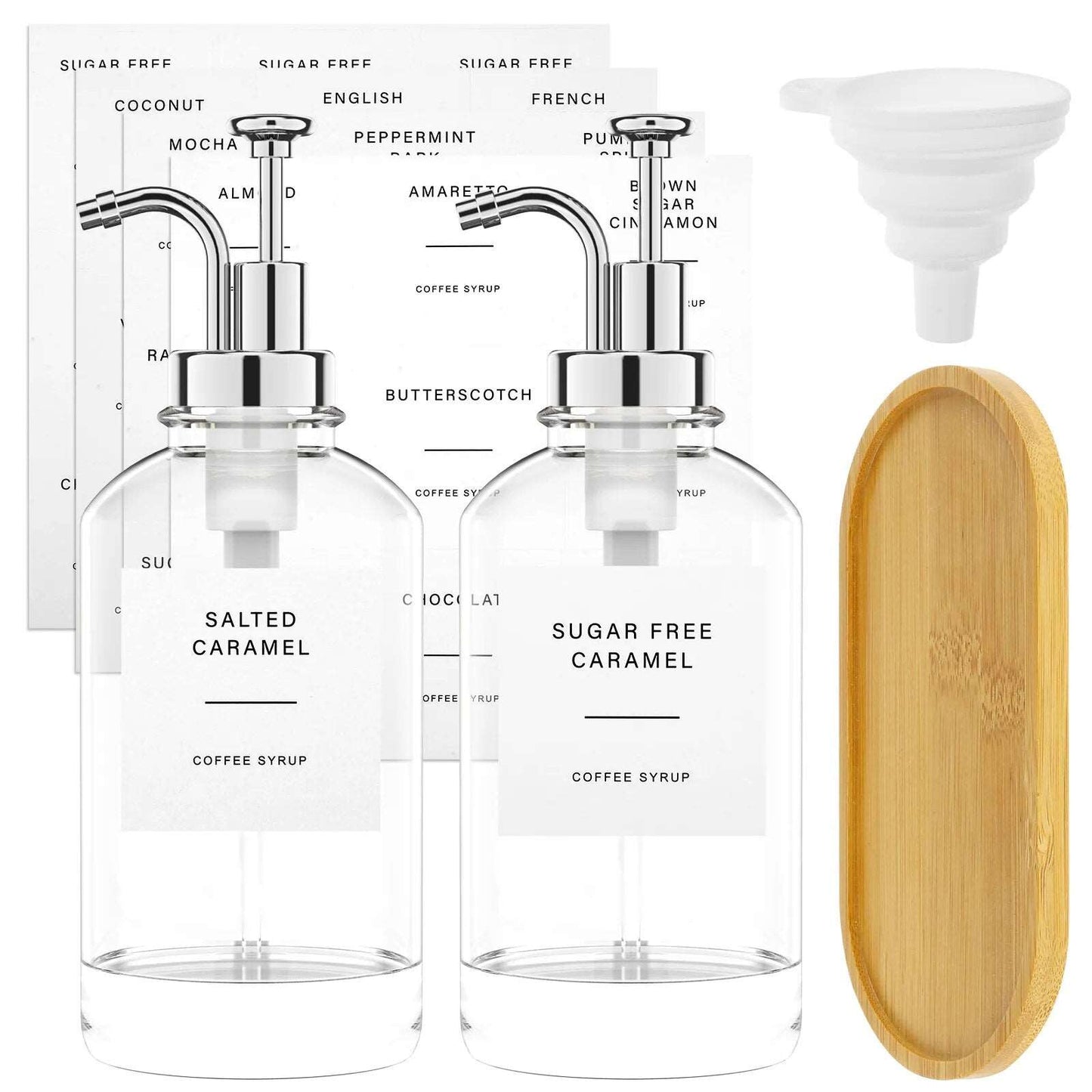 Syrup & Soap Dispenser Set with Bamboo Tray & Labels - Set of 2