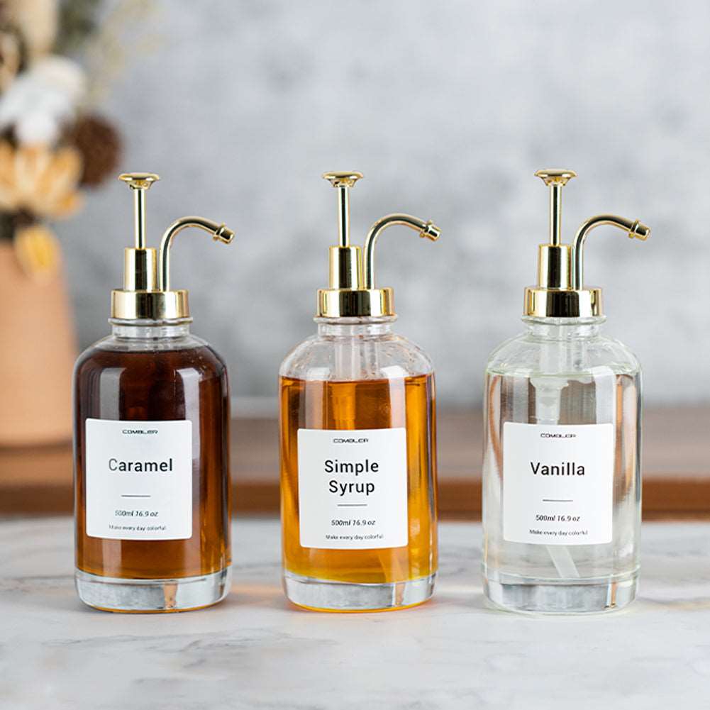 Syrup & Soap Dispenser Set with Bamboo Tray & Labels - Set of 2