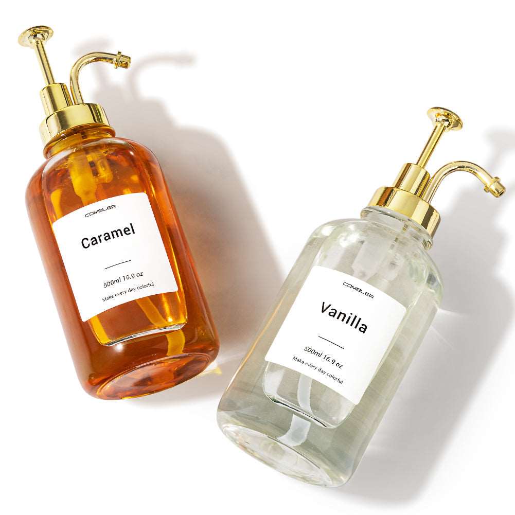 Syrup & Soap Dispenser Set with Bamboo Tray & Labels - Set of 2