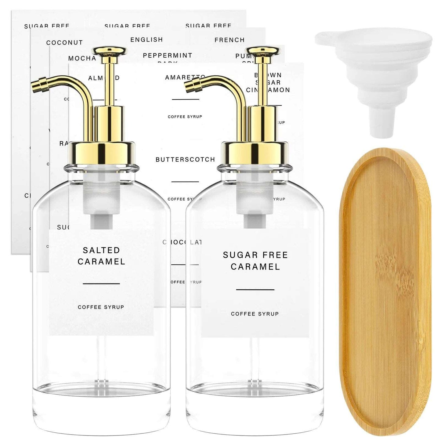 Syrup & Soap Dispenser Set with Bamboo Tray & Labels - Set of 2