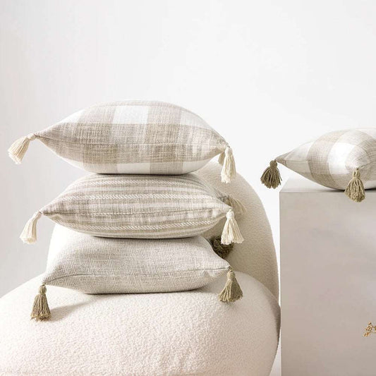 Traditional Beige & Checkered Decorative Cushion Covers with Tassel Detail - 2 Sizes